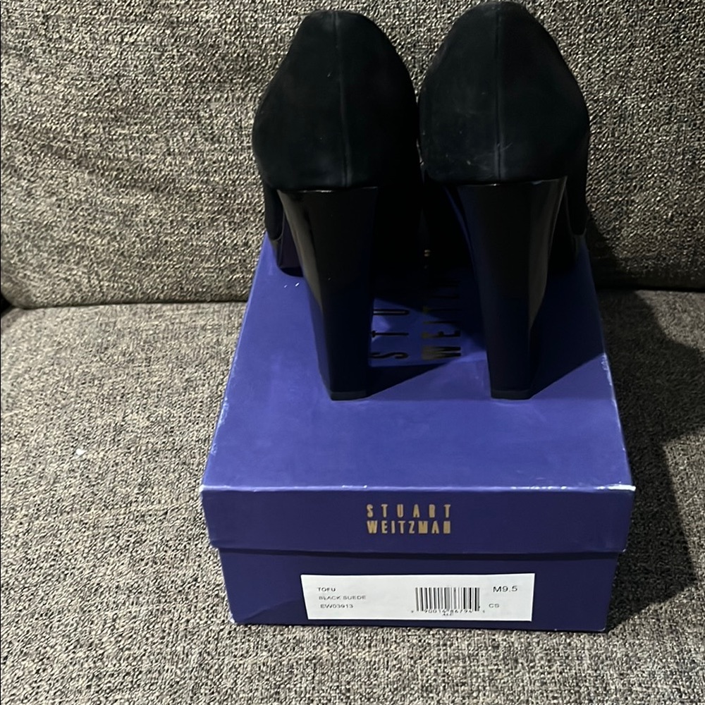 New with Box Stuart Weitzman black suede  'Tofu' peep toe pumps - Picture 4 of 14